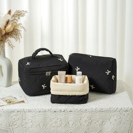 RSRSLEII 3Pcs Aesthetic Cotton Quilted Drawstring Makeup Bag Set, Aesthetic Cute Bow Makeup Pouch for Girls and Women, Aesthetic Travel Organized Cosmetic Bags for Purse(05Black Bow)