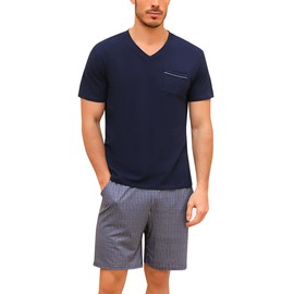 Bresdk Men's Pyjamas Short Cotton Summer Set for Men Sleepwear Checked, Blue02 M216