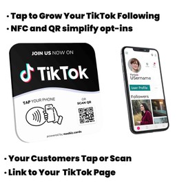NUUBIZ NFC Social Media Sign Plate - QR Code Sign for Social Media, Facebook, TikTok, Website - Reusable Taps - Get More Followers & Reviews - Adhesive & Stand (TikTok Plate, 1)