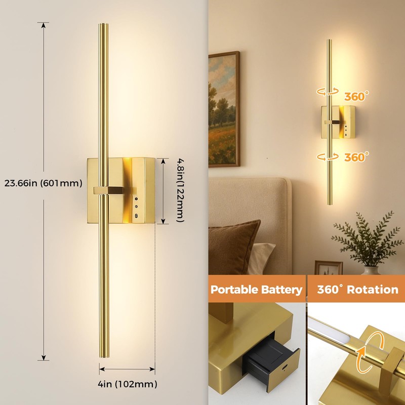 JUSHENG 5000mAh Battery Operated Wall Sconce, 3000K/4000K/6000K Dimmable Brass Cordless