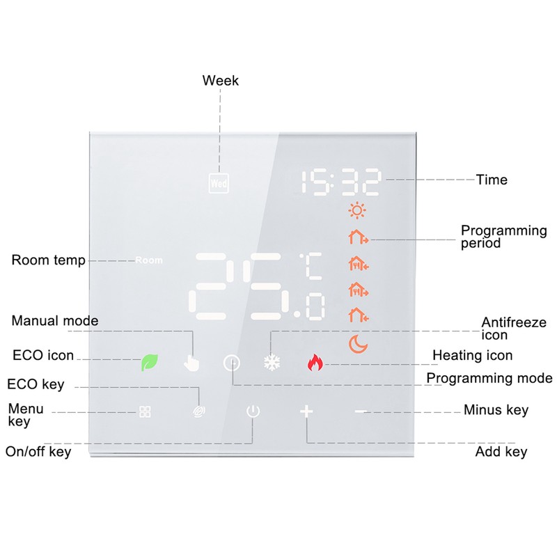 Smart Thermostat 16A Digital Programmable LCD Display Touchscreen Underfloor Heating
