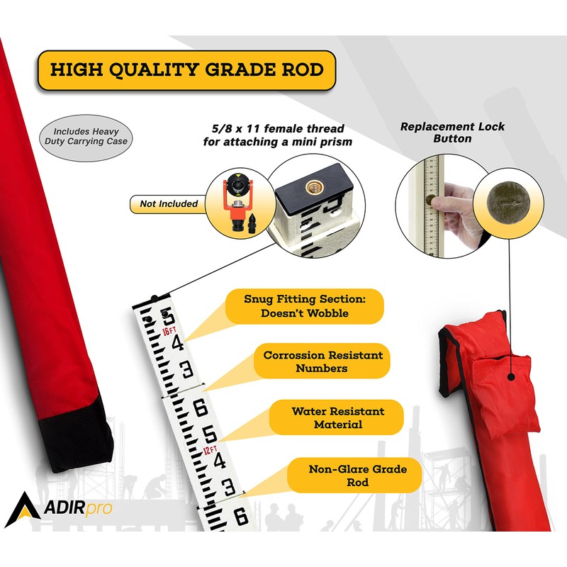 AdirPro 16-Foot Fiberglass Grade Rod – 8ths, 4-Section Telescoping Rectangular