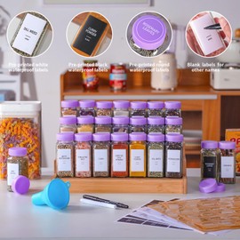 GMAMXD 24 Glass Spice Jars with Labels,Spice Jar Set,4oz Spice Containers,Seasoning Containers with Purple Airtight Lids and Shaker Lids,Square Empty Spice Bottles,492 Labels,2 Marker Pens,1 Funnel