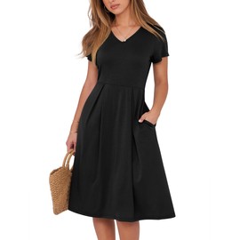 ANRABESS Women Summer Dress Casual Short Sleeve V Neck A-Line Knee Length Pleated Flowy 2025 Fashion Midi Dresses with Pocket Black X-Large