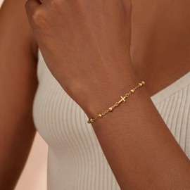 HABIKIP Gold Cross Bracelets for Women Trendy, Dainty 14K Gold Plated Rosary Bead Bracelet Gold Small Cross Bracelet Cute Adjustable Jewelry Christian Gifts for Women