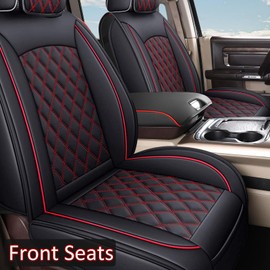 ROCCS Leather Seat Covers 5 Seats Full Set Fit for 2014-2021 Toyota Tundra Cushion Cover Breathable,Tundra CrewMax Double Cab SR5 Limited TRD Pro Airbag Compatible Waterproof Truck Seat Cover Red Line