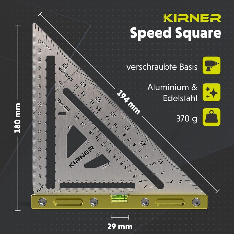 KIRNER Carpenter's Square 180 mm - Precise Stainless Steel Metal