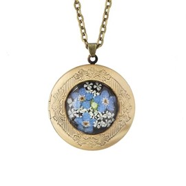 Floral Memories Handmade Oval Shaped Photo Locket with dried Pressed Flowers Locket pendant Necklace (Round customized with photo)