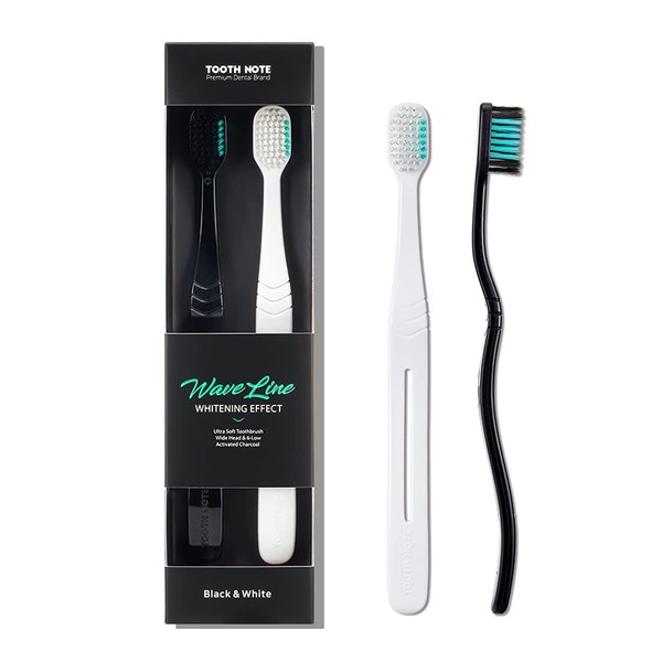 TOOTH NOTE Manual Toothbrush Wave Line (Infused Charcoal & White Set) / Soft Bristles for Sensitive Gums & Deep Clean/Clean Off Dental Plague/Practical and Functional Hands