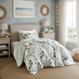 Regency Heights Lightweight Seersucker Botanical Comforter Set Twin Size, Reversible Design with Striped Print, Premium Microfiber Bedding Set, Comforter and Sham Set, Green