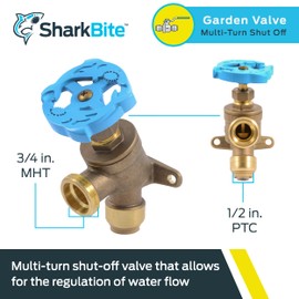 SharkBite 1/2 Inch x 3/4 Inch MHT Garden Valve, Multi Turn, Push to Connect Brass Plumbing Fitting, PEX Pipe, Copper, CPVC, PE-RT, HDPE, 24622LF