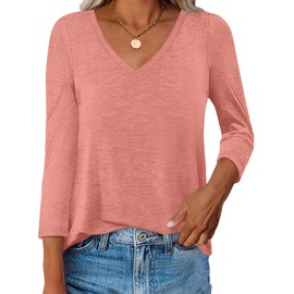 Ovanviso Womens V Neck 3/4 Sleeve T Shirts Basic Curved Hem Tunic Tops Casual Loose Fit Tees 2025 Coral