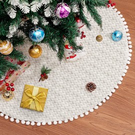 Christmas Tree Skirt, 36 inches Luxury Faux Fur Christmas Tree Skirt, Beige Christmas Xmas Tree Skirt with Hand-Sewn Pompoms, Soft Thick Plush Tree Skirt for Christmas Tree Decorations