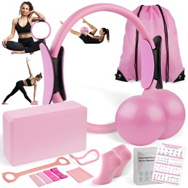 VODFOG Pilates Ring Essentials Kit for Women,Home Fitness Equipment Sets with 12''Pilates Ring,2 Pilates Ball,Yoga Brick,Elastic Band & Other Accessories Suitable for Exercise & Shape up（Pink-13PCS）