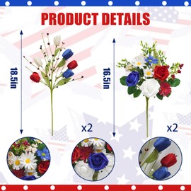 Succwoah 4PCS Patriotic Artificial Flowers Mixed Bush Red White Blue Rose Tulip Flowers Memorial Day Flower Bouquet for 4th of July Independence Day Grave Home Table Decoration