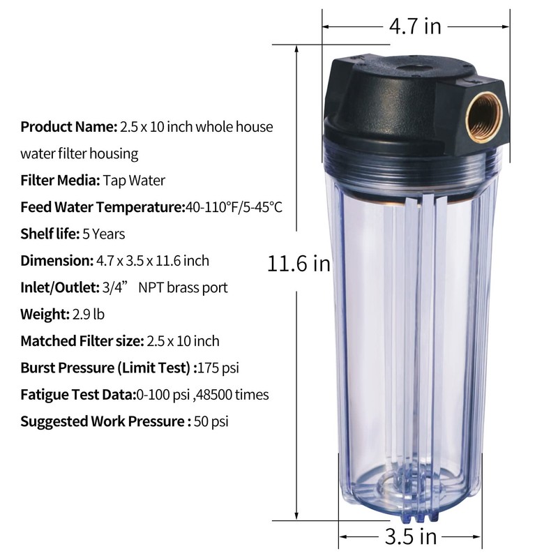 Geekpure 10-Inch Whole House Slim Water Filter Housing with Pressure
