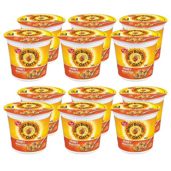 Post Honey Bunches of Oats Honey Roasted, Portable Cereal Cups To Go, Whole Grain, Low Fat Breakfast Cereal, 2.1 Ounce (Pack of 12) Cups