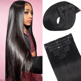 Clip in Hair Extensions Real Human Hair, Seamless Human hair Clip ins Extensions for Women Invisible Straight 8Pcs Double Weft 1B Natural Black 22inch 110g