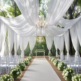 Sheer White Ceiling Drapes for Elegant Wedding Decorations. 6 Panels 5x30 ft Chiffon Drapery Fabric. Multiuse Party Decorations, Photoshoot Backdrop, Crafting and Special Occasions