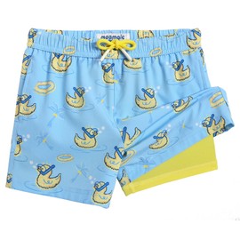 MaaMgic Boys Swim Trunks with Compression Liner Toddler Stretch Quick Dry Swim Shorts Quick Dry 2 in 1 Beach Shorts,Ducks Blue,Medium(10/12)