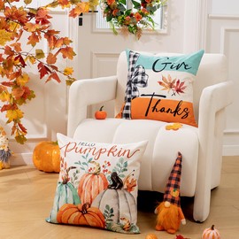 DFXSZ Fall Pillow Covers 18x18 inch Set of 4 Fall Decorational Pumpkin Maple Leaves Orange Stripe Decor Autumn Outdoor Pillow Cover Thanksgiving Decoration for Home Couch 205C18