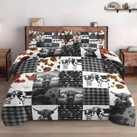 WeCozy Comforter Set Queen Size with 2 Pillowcases, Highland Cow Print Animal 3 Pcs Bedding for Kids and Adults, Farm Black White Plaid Soft Comforter Set for Bedroom Bed Decor