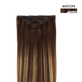 20" Hair Extensions Clip in Human Hair for Women - Silky Straight Chocolate Brown to Honey Blonde Highlight Brown Ombre Hair 75grams 4pieces #(4T27) P4 Color