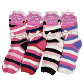 N R TEXTILES 4 Pairs Ladies Winter Warm Slipper Socks Cosy Lounge Soft Fluffy Home Christmas Gifts for Women UK 4-7, Stripes-2