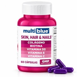MultiBlue - Colageno + Biotina 60 Capsulas | Formulado con Vitamina D3, Vitamina E y Vitamina C | Vitaminas para Mujer 100% Natural, Sin Gluten, Sin O