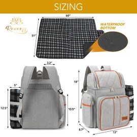 Rnoony Large Picnic Backpack for 2, Picnic Basket for 2 with Insulated Cooler and Bottle Pouch, Picnic Bag with Lightweight Blanket and Cutlery Set for Family, Couple and Hiking