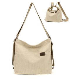 RUNSOON Corduroy Tote Bag for Women Convertible Backpack Purse Crossbody Hobo Shoulder Bag with Multi Pockets Compartments, Beige
