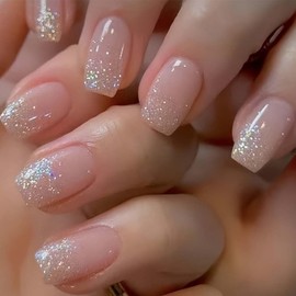 Foccna 24 Pcs Press on Nails Acrylic Square Fake Nails Nude with Design Full Cover Bling False Nails for Women Reusable Nail Kit Adhesive Tabs Nail File