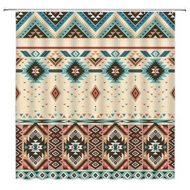 Aztec Shower Curtain Southwestern Native Tribal Navajo American Ethnic Abstract Triangular Boho Geometric Vintage Beige Fabric Bathroom Decor Set with Hooks（70" WX70 H）