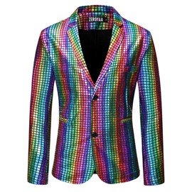 ZEROYAA Men's 70s Disco Suits Metallic Shiny Sequin Outfits Blazer and Pants Set Dance Party Costume Multicolor Small