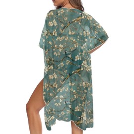 Irisjudy Almond Blossom Sparrow Women Long Beach Kimono Turquoise Forest Bird Loose Open Front Bathing Suit Cover Up, Almond Flower Chiffon Beach Shirt Dress