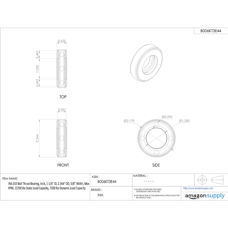 INA D13 Ball Thrust Bearing, Inch, 1-1/4" ID, 2.344" OD,