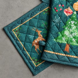 Maison d' Hermine Oven Mitt (7.5"x13") & Pot Holder (8"x8") 100% Cotton Kitchen Oven Mitt + Pot Holder Heat Resistant for Gifts, Banquet, Barbeque, Hygge Christmas -Thanksgiving/Christmas