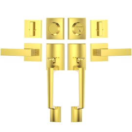 TICONN Double Front Door Handle Set, Heavy Duty Square Door Lever and Single Cylinder Deadbolt Combo for Side by Side Entrance Exterior Doors (Polished Brass)