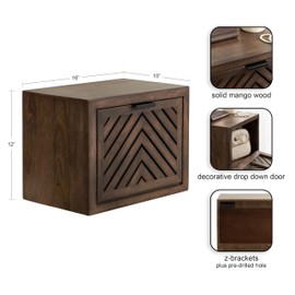 Kate and Laurel Mezzeta Modern Floating Shelf Side Table with Storage Cubby, 16 x 10 x 12, Natural Wood, Decorative Slatted Wood Floating Nightstand with Pull Down Door for Use as Bathroom Storage