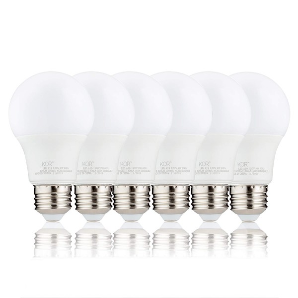 KOR (Pack of 6) 9W LED A19 Light Bulb – (60W Equivalent), UL Listed, 4000K (Cool White) 750 Lumens, Non-Dimmable, LED 9-Watt Standard Replacement Bulbs, with E26 Base, 15000 Hours, Long Life