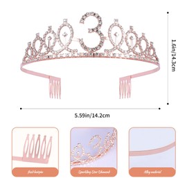 JasperKino 3th Birthday Sash and Tiara Set Rose Gold Birthday Sash Crown Birthday Party Favors Supplies for Girls Birthday Party