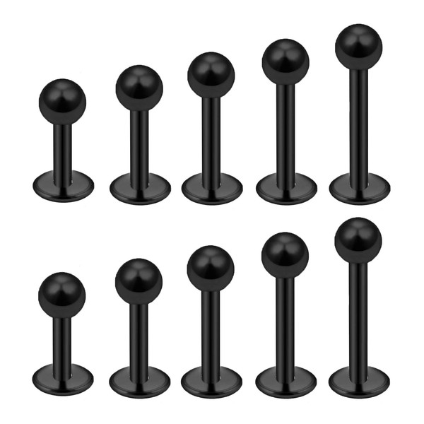 Besyvvin 10pcs Lip Bars Labret Studs 4/6/8/10/12mm Stainless Steel Black