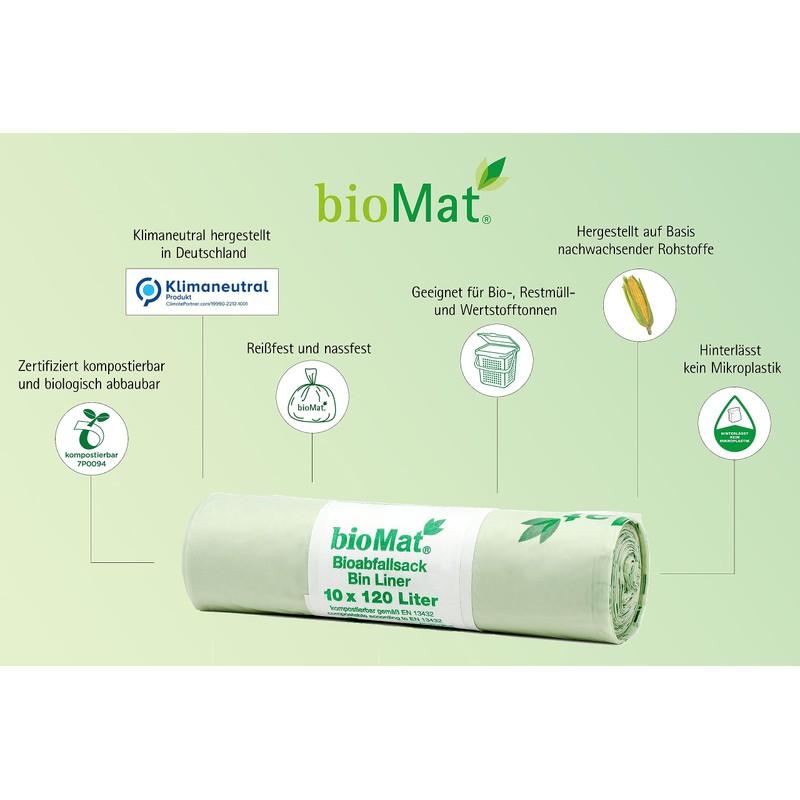 bioMat Kompostierbare 120l Biomüllbeutel, 10 Müllsäcke für Biotonne, Restmülltonne, Made