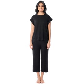 Fruit of the Loom Women's Dolman Sleeve and Cropped Pant Sleep Set, Black