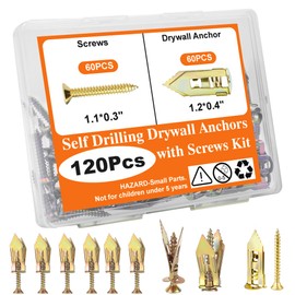 120 PCS Drywall Self Drilling Anchors with Screws Kit, 60 Sheetrock Anchors+ 60 Zinc Plated Expansion Screws, No Drill Needed Metal Drywall Anchors, Holds Up to 66lbs for Wall Hanging