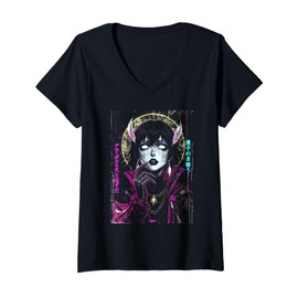 Womens Japanese Streetwear Cyberpunk Angel Anime Teachwear Otaku V-Neck T-Shirt