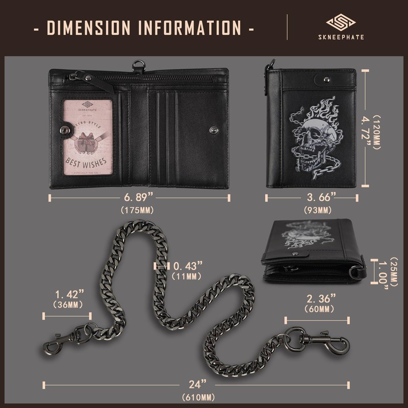 skneephate Mens Leather Wallet With Chain Skull Bifold Wallets Zipper