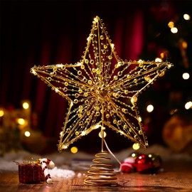 Christmas Tree Topper Star- Star Tree Topper Lighted with LED Wire Christmas Tree Decorations Christmas Tree Ornament Xmas Party Decoration (12 Inch,Golden)