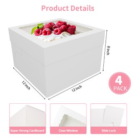 DEENSU DEENSU 4 Pack 12x12x8 Inch White Cake Boxes with Window - Disposable Bakery Boxes for Cakes, Cupcakes, Cookies, and Pastries