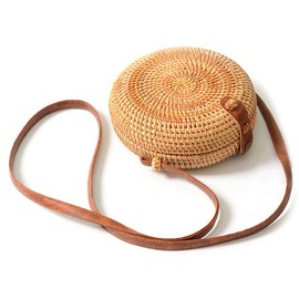 Handwoven Round Rattan Bag Shoulder Leather Straps Natural Chic Hand